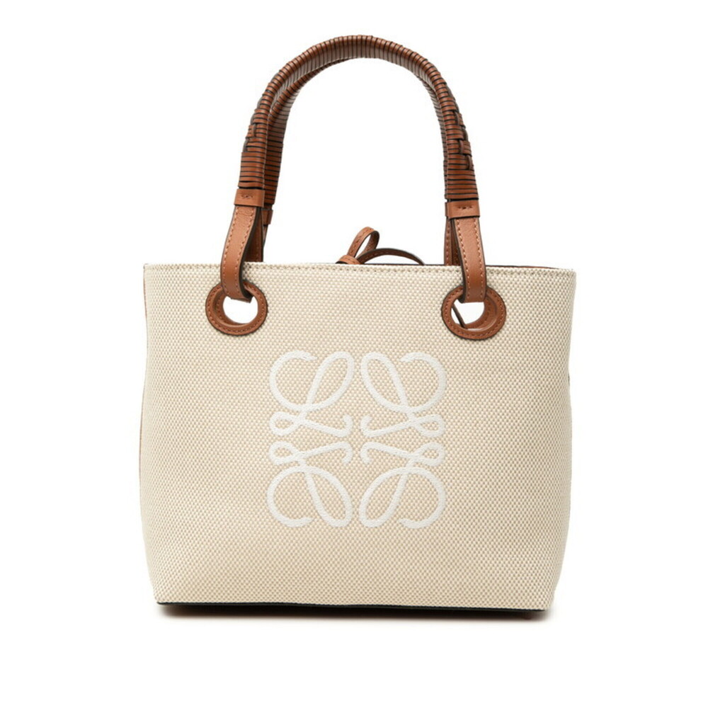 Loewe Anagram Handbag Shoulder Bag 2-Way Beige Brown Canvas Leather Women's L...